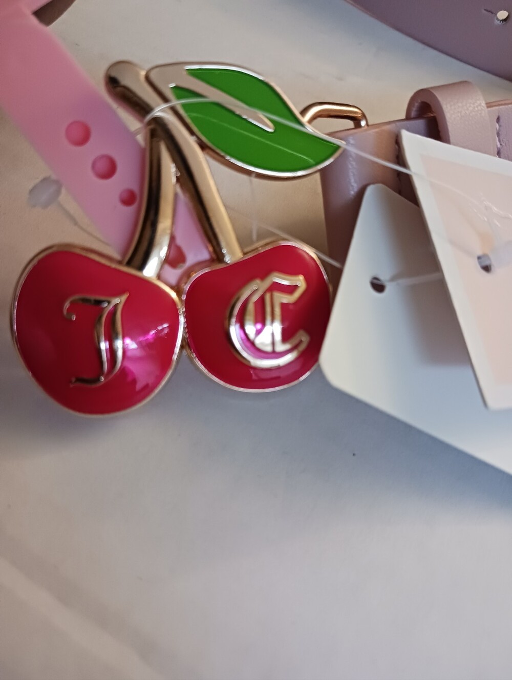 Juicy Couture Cherry Logo Enamel Belt - Pink Red Gold Buckle Size S/M NWT - Picture 6 of 7